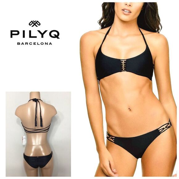 New. Pilyq black braided bikini set. D-cup/M-bottom - Picture 1 of 14